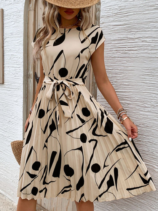 Tied Pleated Printed Cap Sleeve Dress