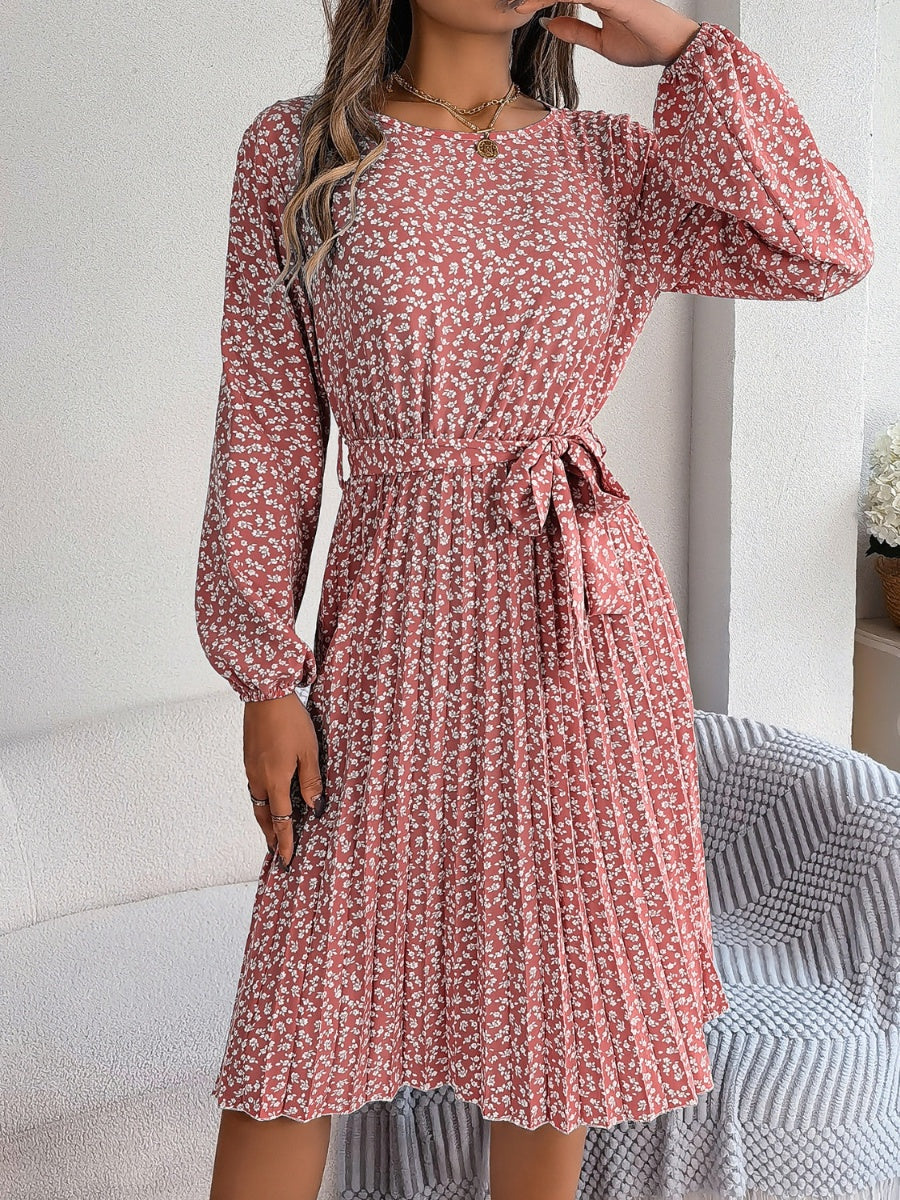 Ditsy Floral Tie Waist Pleated Dress