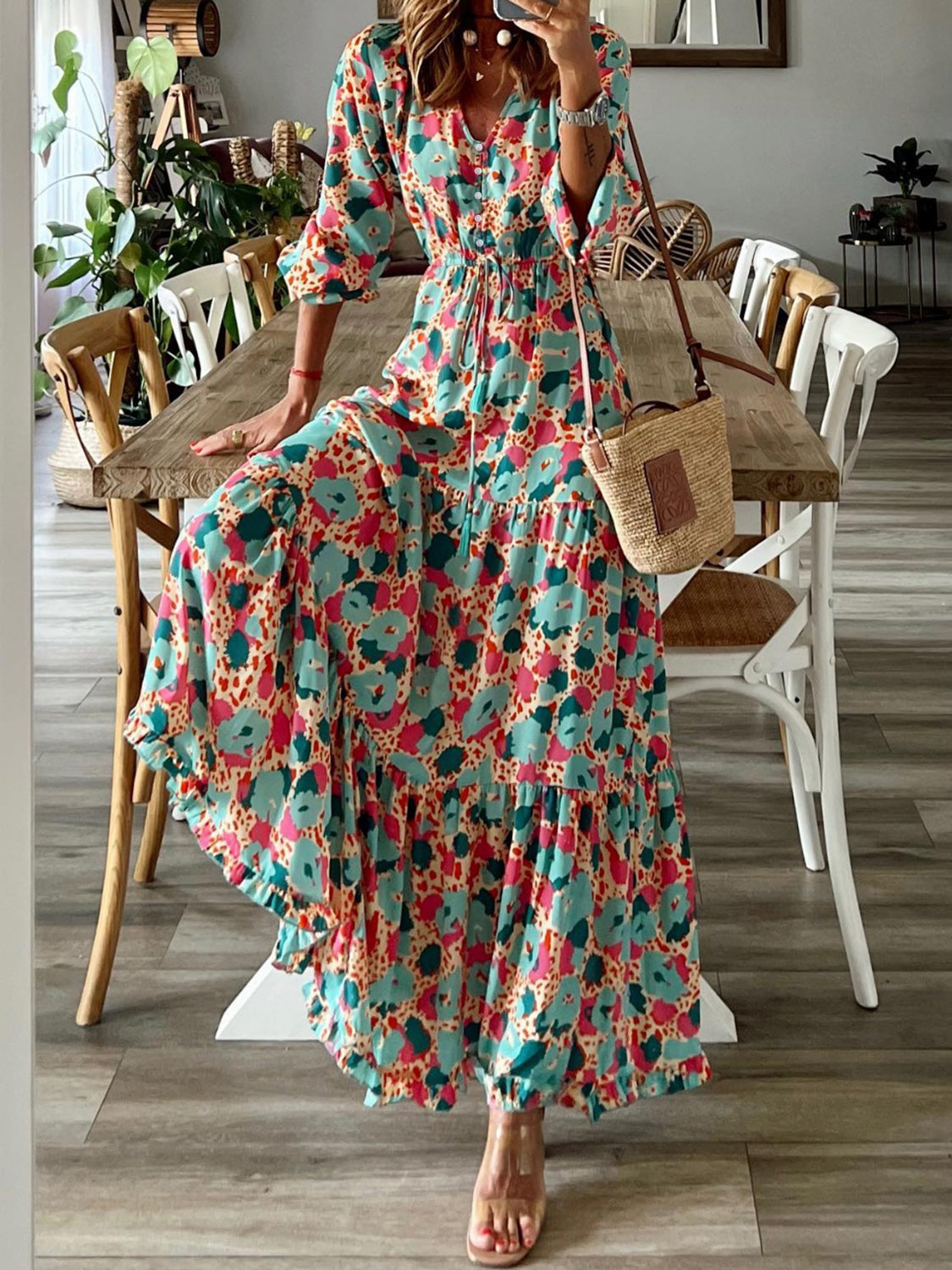 Button Up Ruffle Hem Tiered Maxi Dress