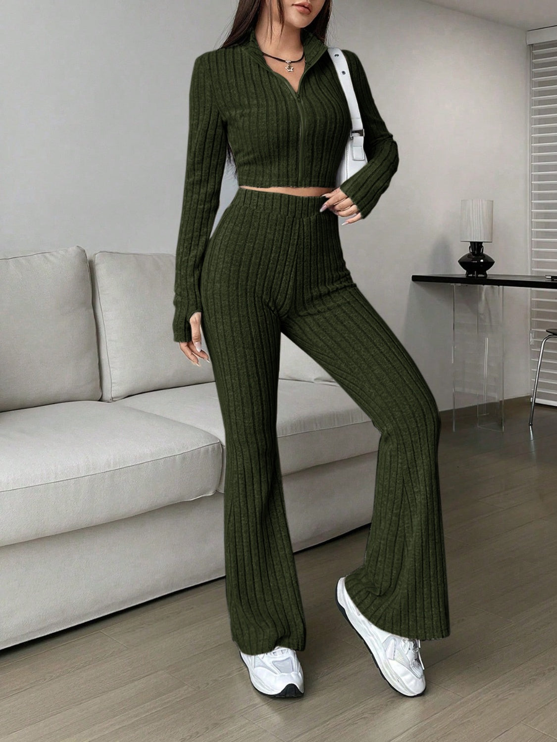 Zip Up Long Sleeve Top and Pants Set