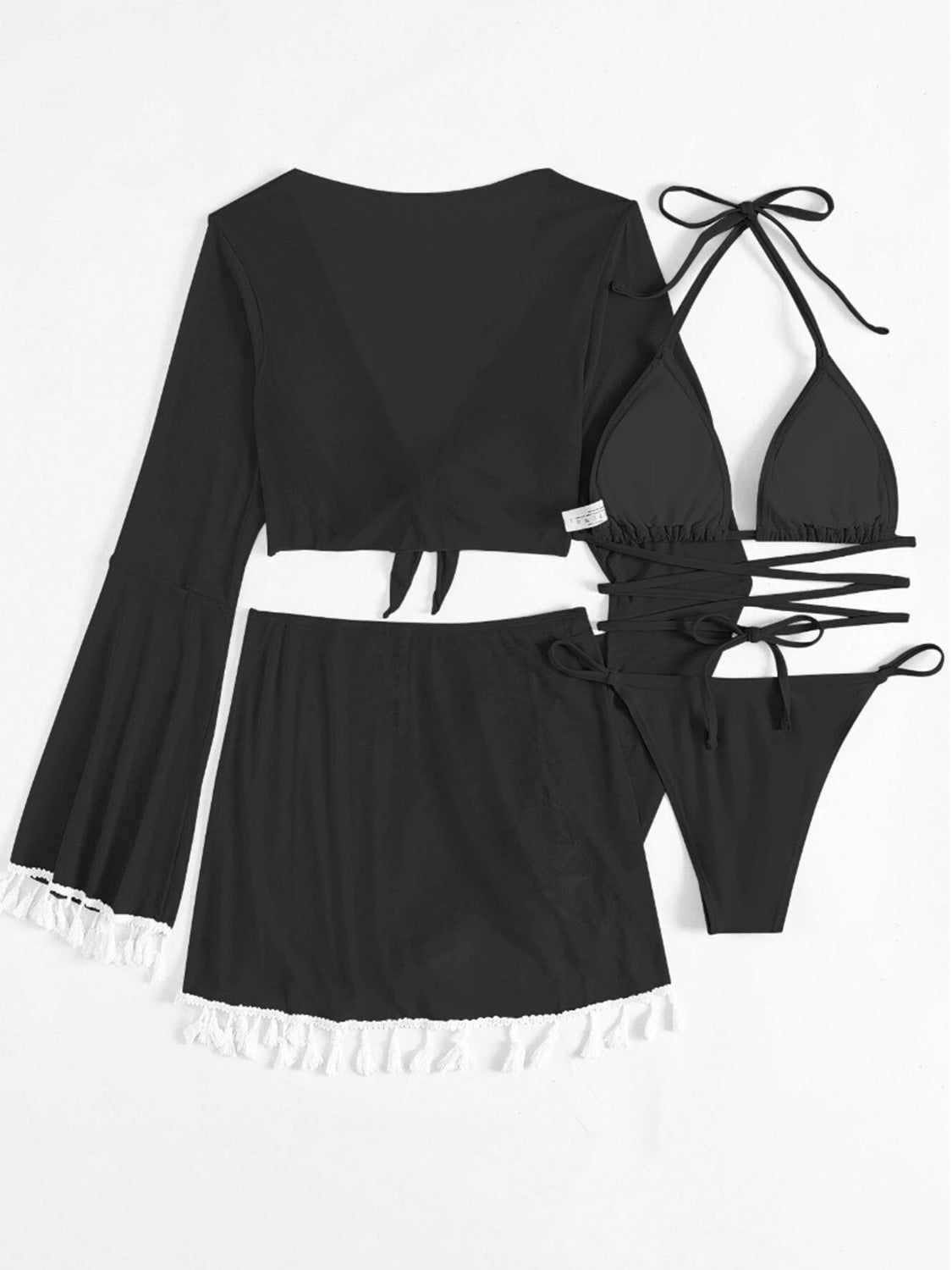 Halter Neck Bra, Bottom, Tassel Flare Sleeve Cover-Up and Skirt Four-Piece Swim Set