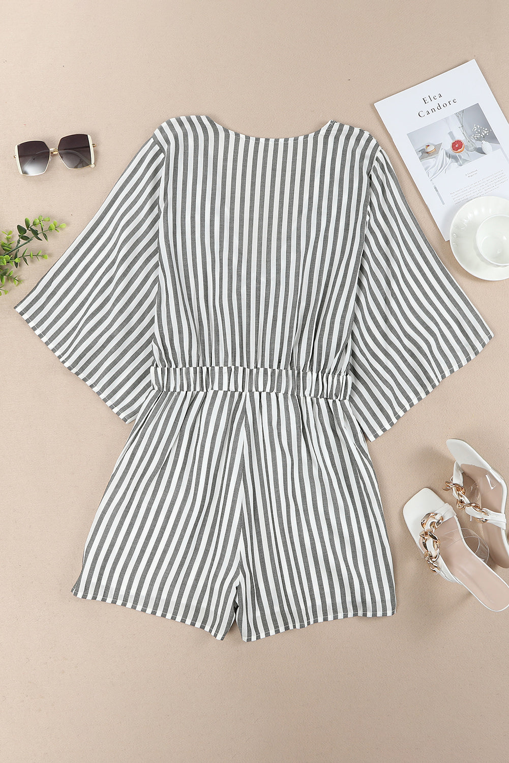 Tied Striped Three-Quarter Sleeve Romper