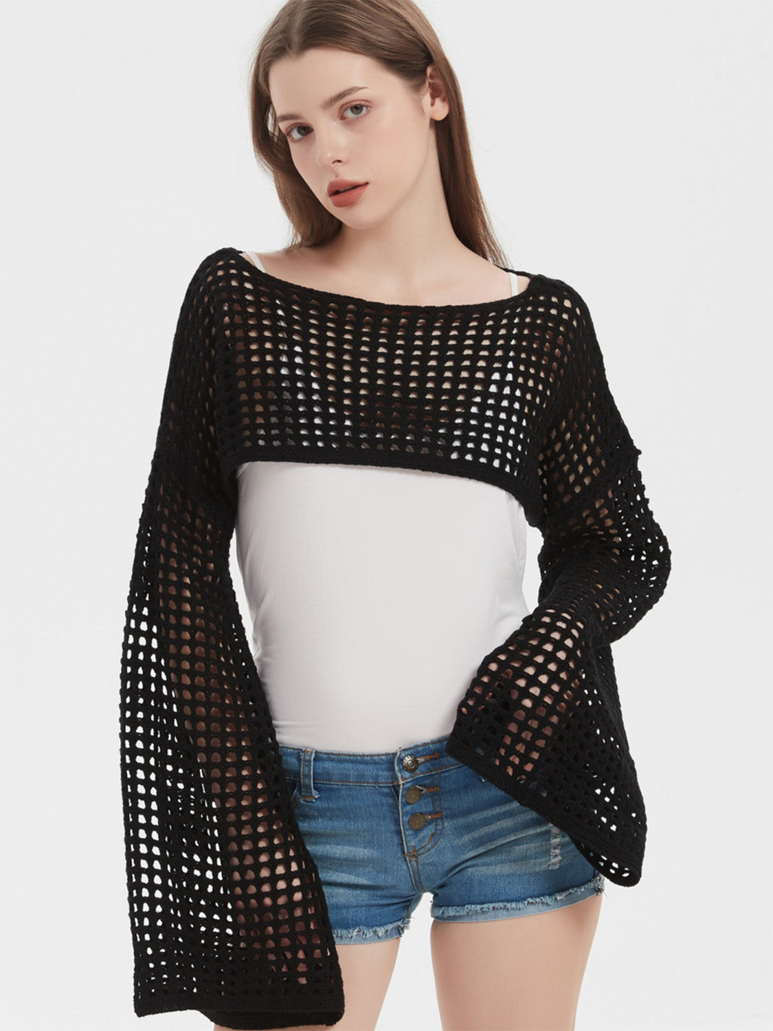 Openwork Boat Neck Dropped Shoulder Knit Cover Up