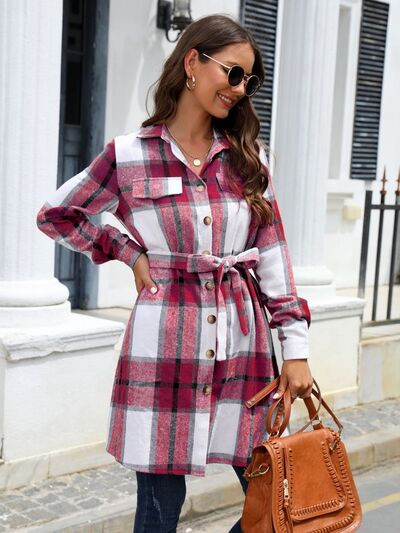 Plaid Belted Collared Neck Button Up Jacket