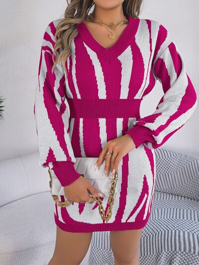 I'm Ready For The Holliday Parties Animal Print V-Neck Long Sleeve Sweater Dress