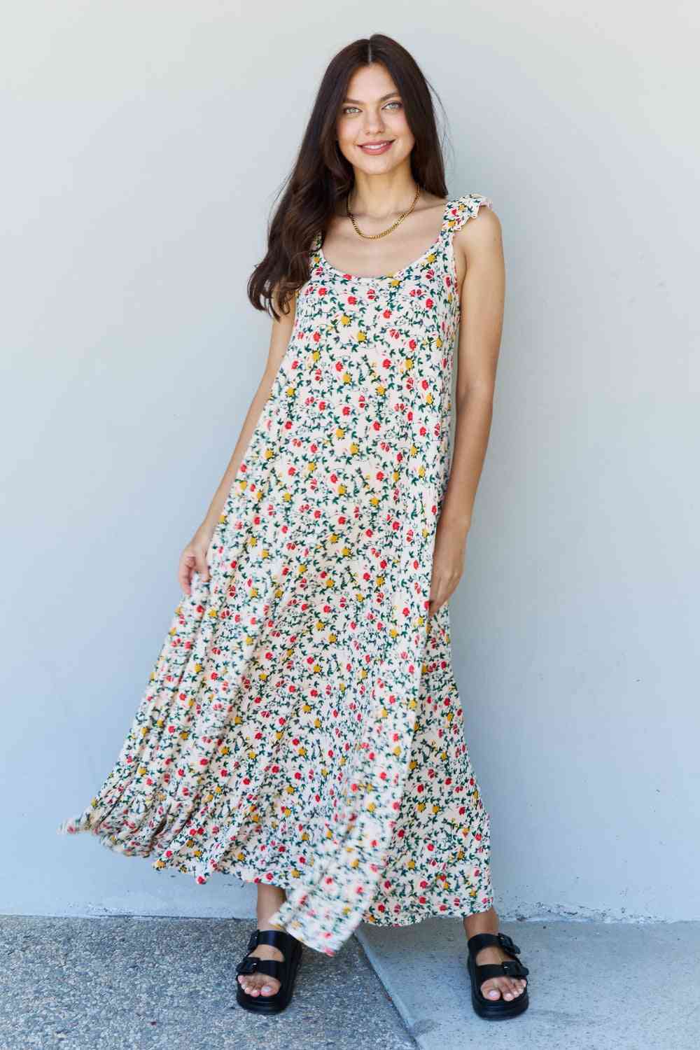 Love Yourself In The Garden Ruffle Floral Maxi Dress in Natural Rose