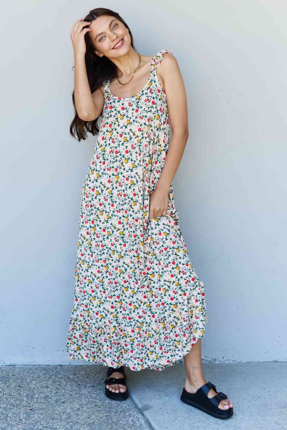 Love Yourself In The Garden Ruffle Floral Maxi Dress in Natural Rose