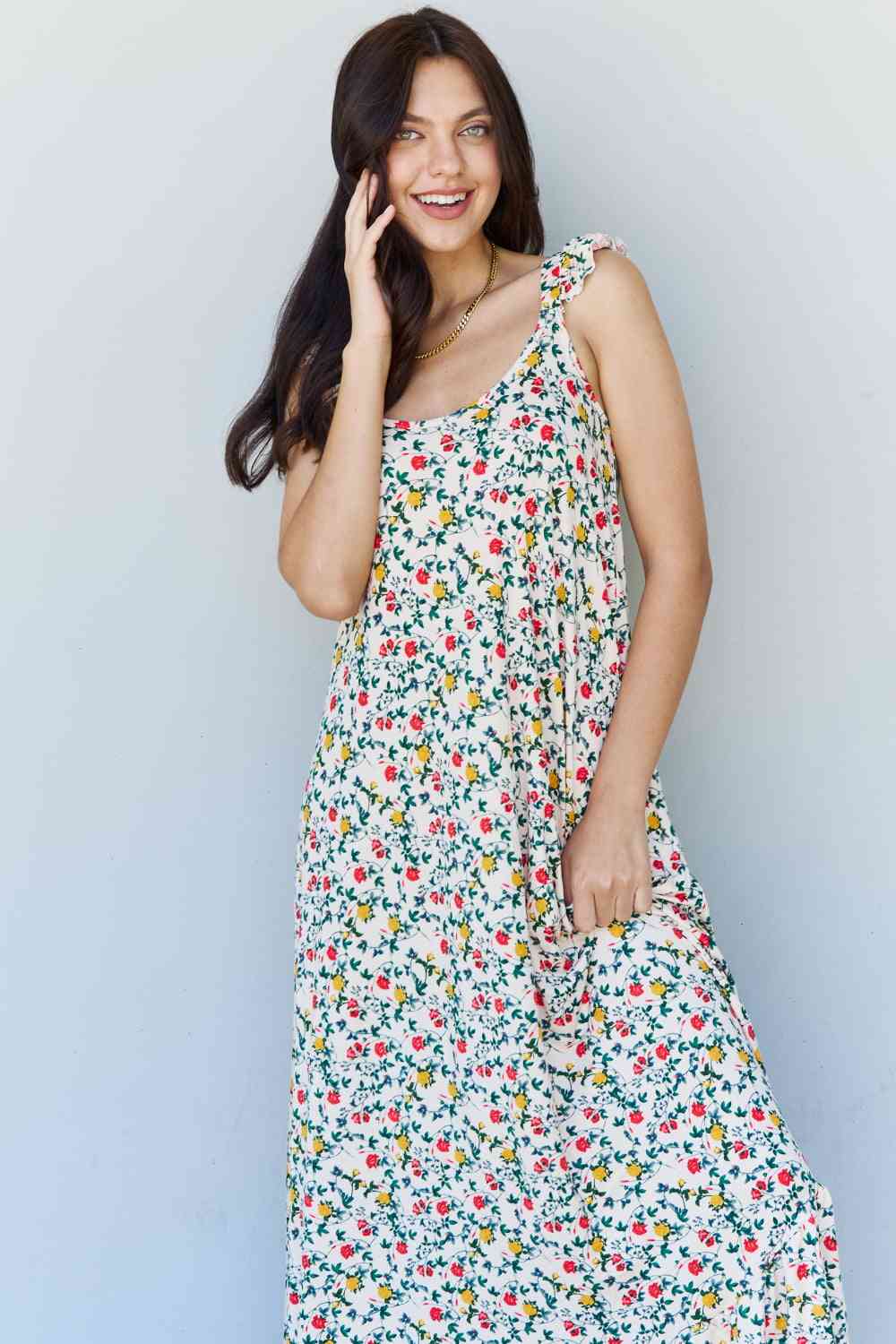 Love Yourself In The Garden Ruffle Floral Maxi Dress in Natural Rose