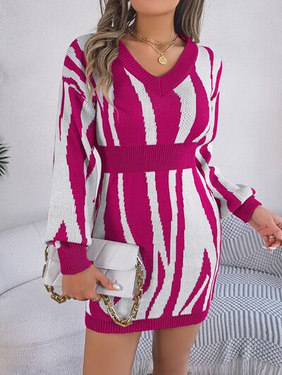 I'm Ready For The Holliday Parties Animal Print V-Neck Long Sleeve Sweater Dress