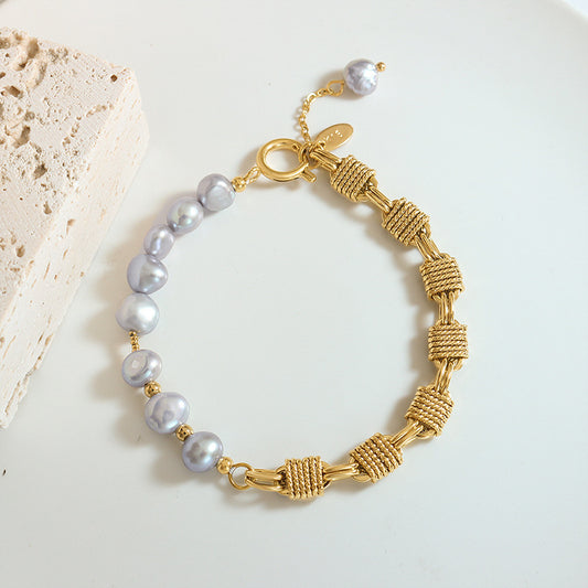 Unique Half Pearl Half Chain Stainless Steel Bracelet