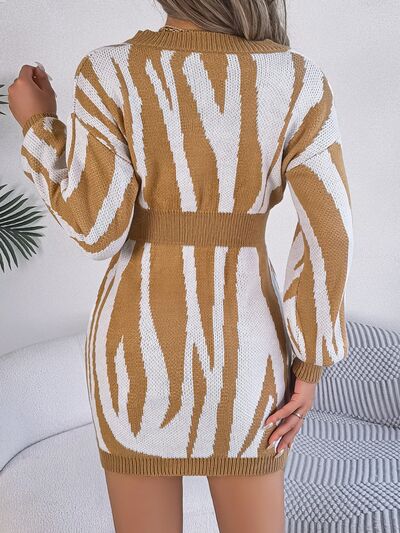 I'm Ready For The Holliday Parties Animal Print V-Neck Long Sleeve Sweater Dress