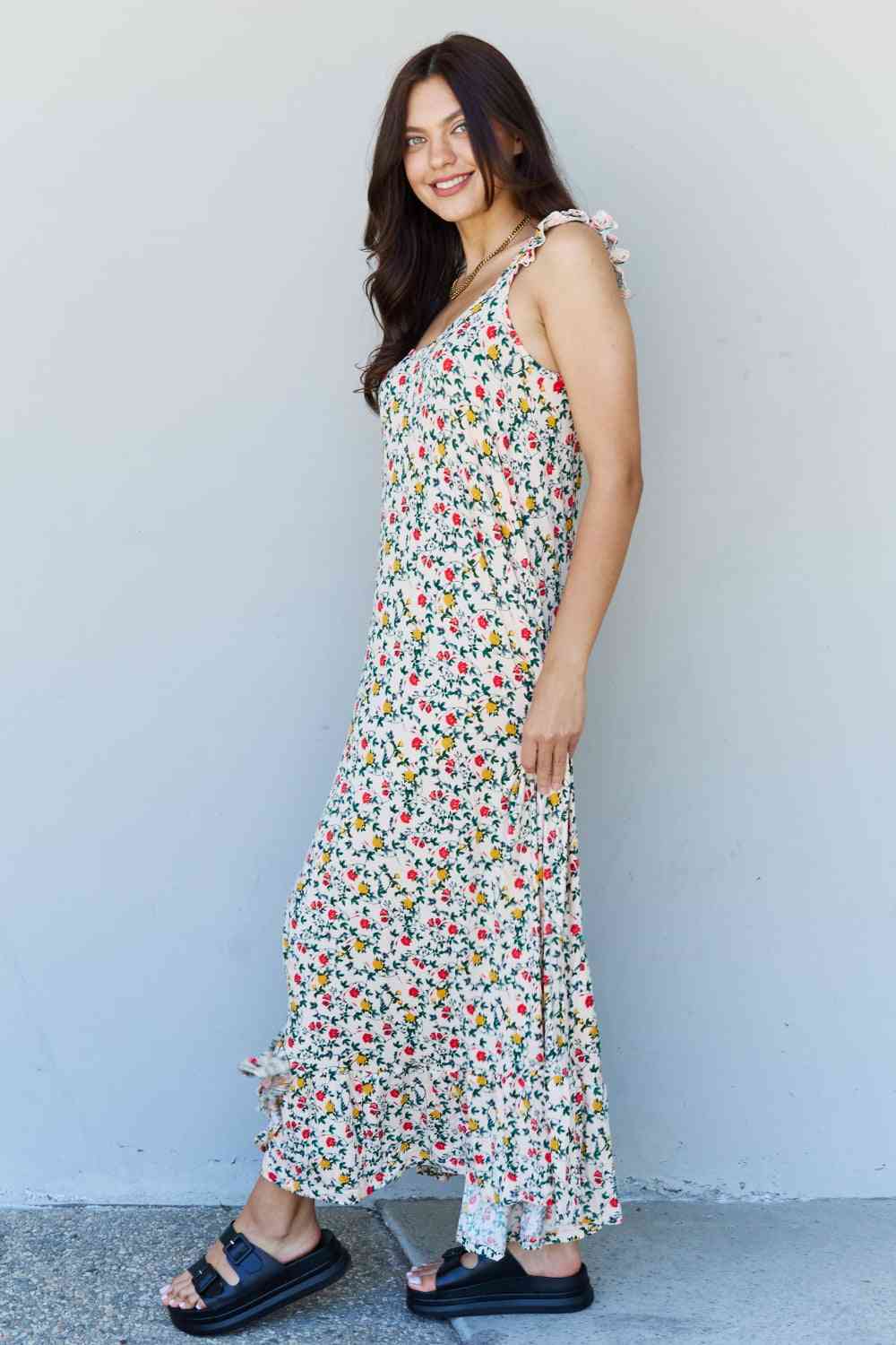 Love Yourself In The Garden Ruffle Floral Maxi Dress in Natural Rose