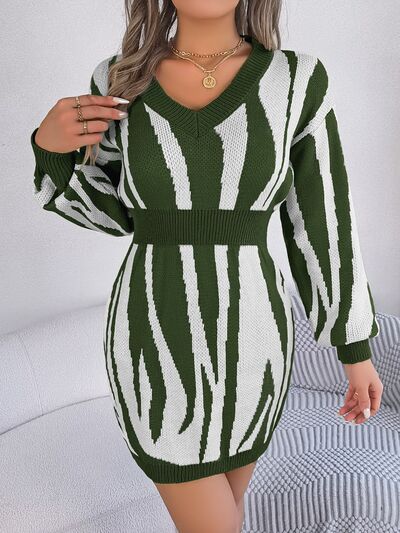 I'm Ready For The Holliday Parties Animal Print V-Neck Long Sleeve Sweater Dress