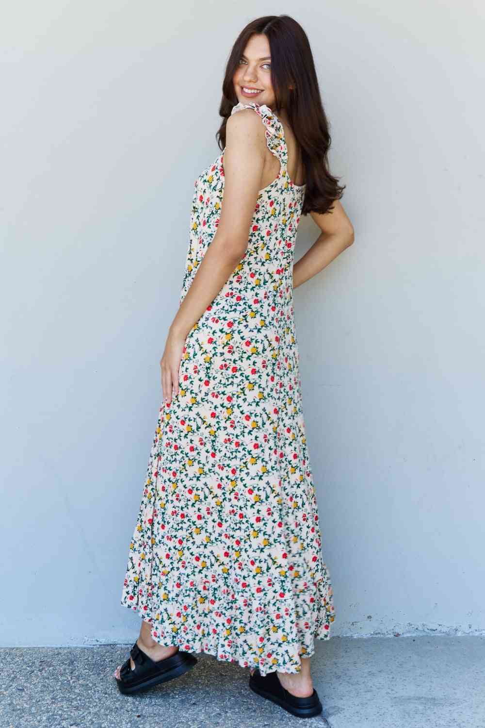 Love Yourself In The Garden Ruffle Floral Maxi Dress in Natural Rose