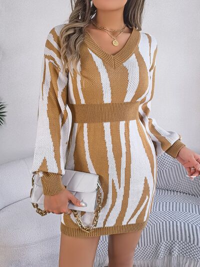 I'm Ready For The Holliday Parties Animal Print V-Neck Long Sleeve Sweater Dress