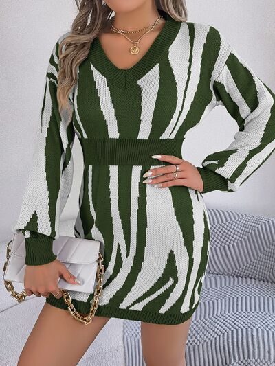 I'm Ready For The Holliday Parties Animal Print V-Neck Long Sleeve Sweater Dress